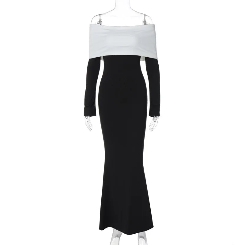 Black & White Off-the-Shoulder Maxi Dress with Long Sleeves