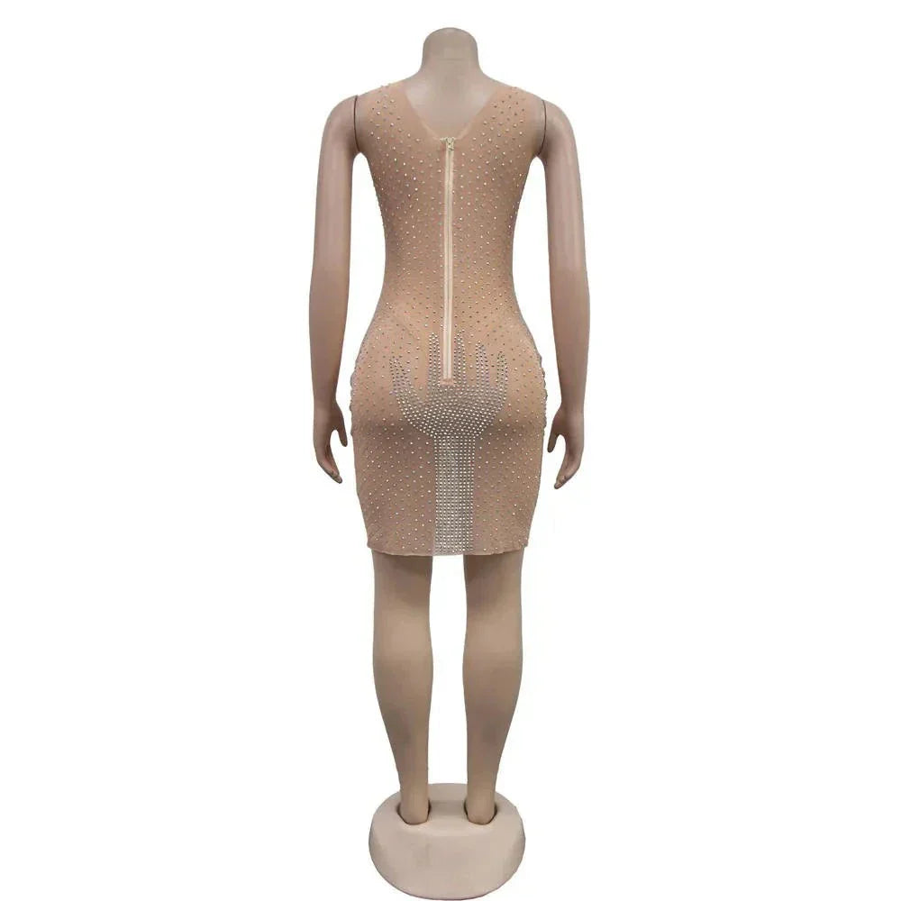 Mesh Rhinestone Round Neck Sleeveless Mini Dress