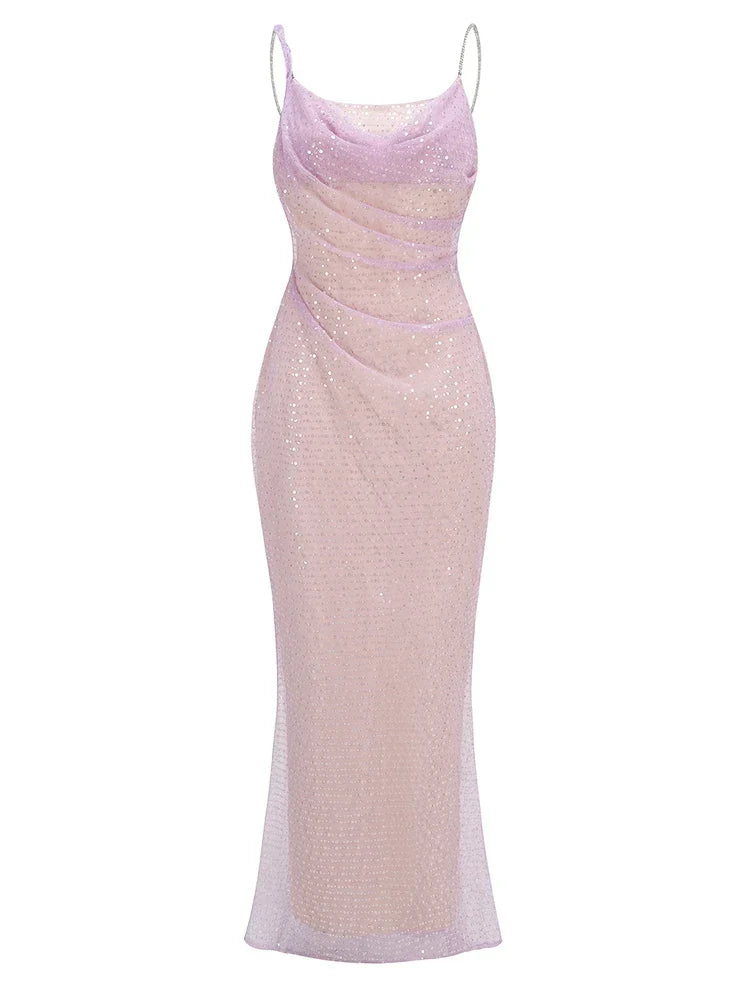 Chain Spaghetti Straps Sequins Maxi Dress
