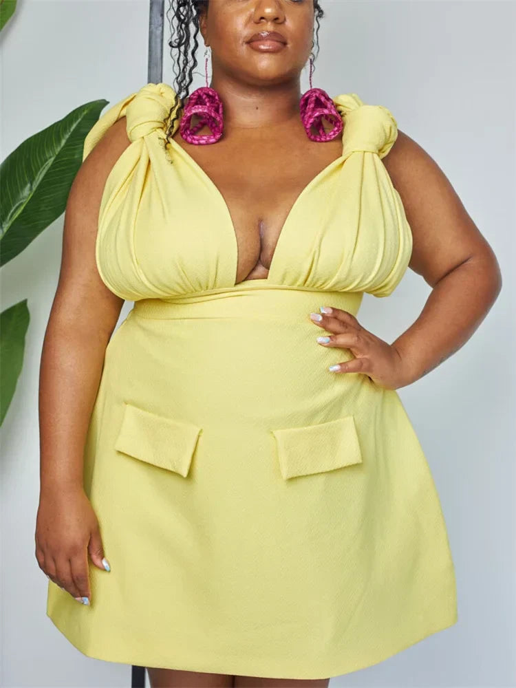 Women V Neck Solid Sleeveless Knot Mini Dress