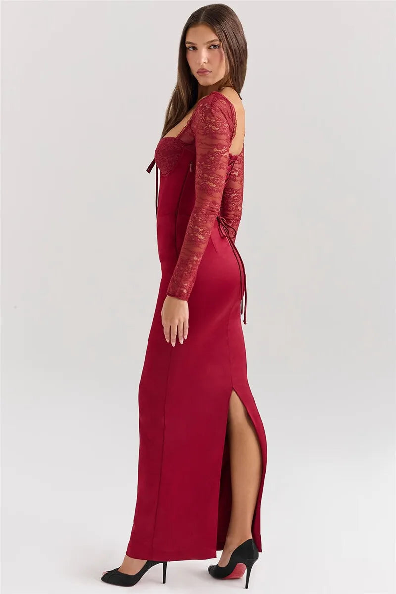 Square Collar Lace-Up Backless Long Sleeve Maxi Dress