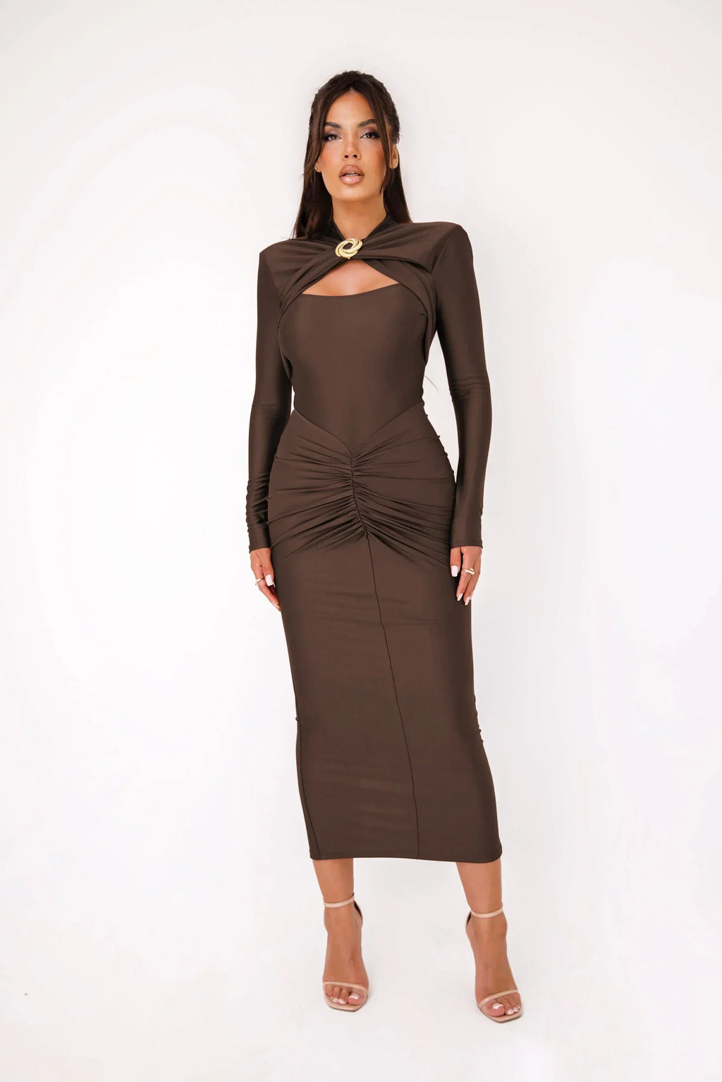 Long Sleeved Pleated Hollowed Out Maxi Dress