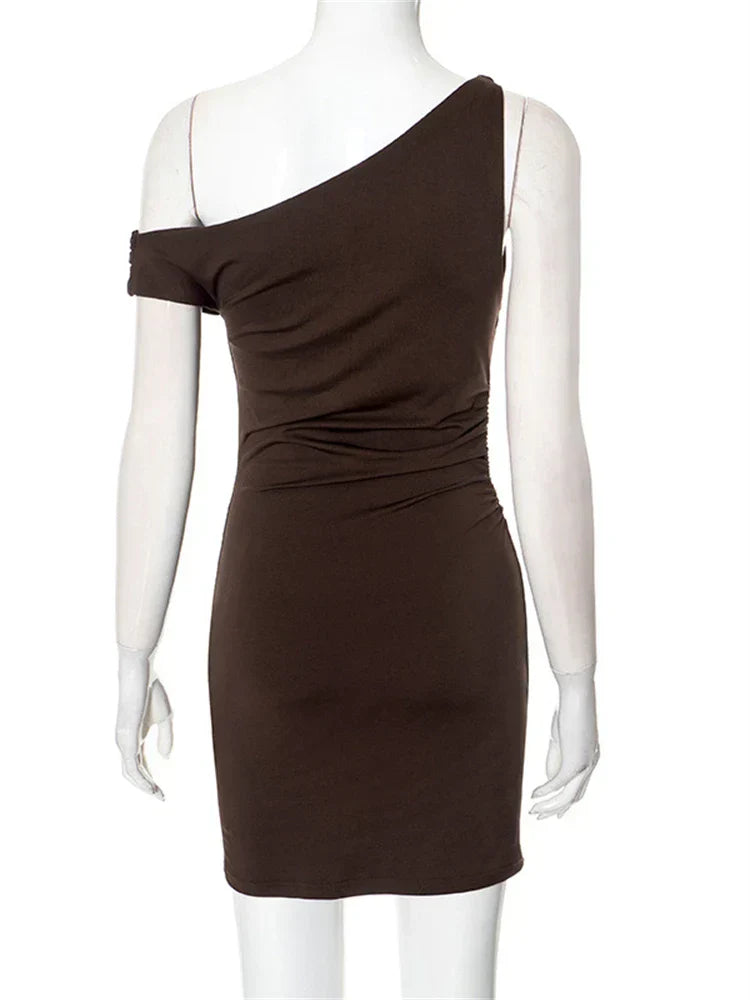 Beaded Asymmetric Slant Neck Mini Dress
