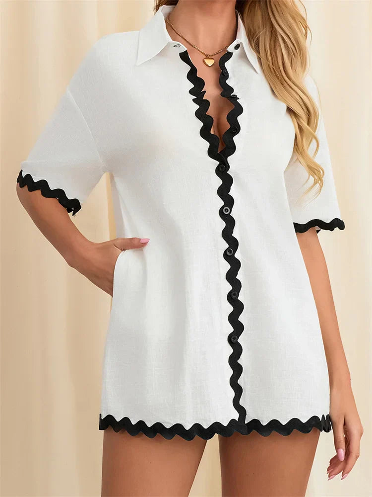 Contrast Short Sleeve Turn-Down Collar Mini Dress