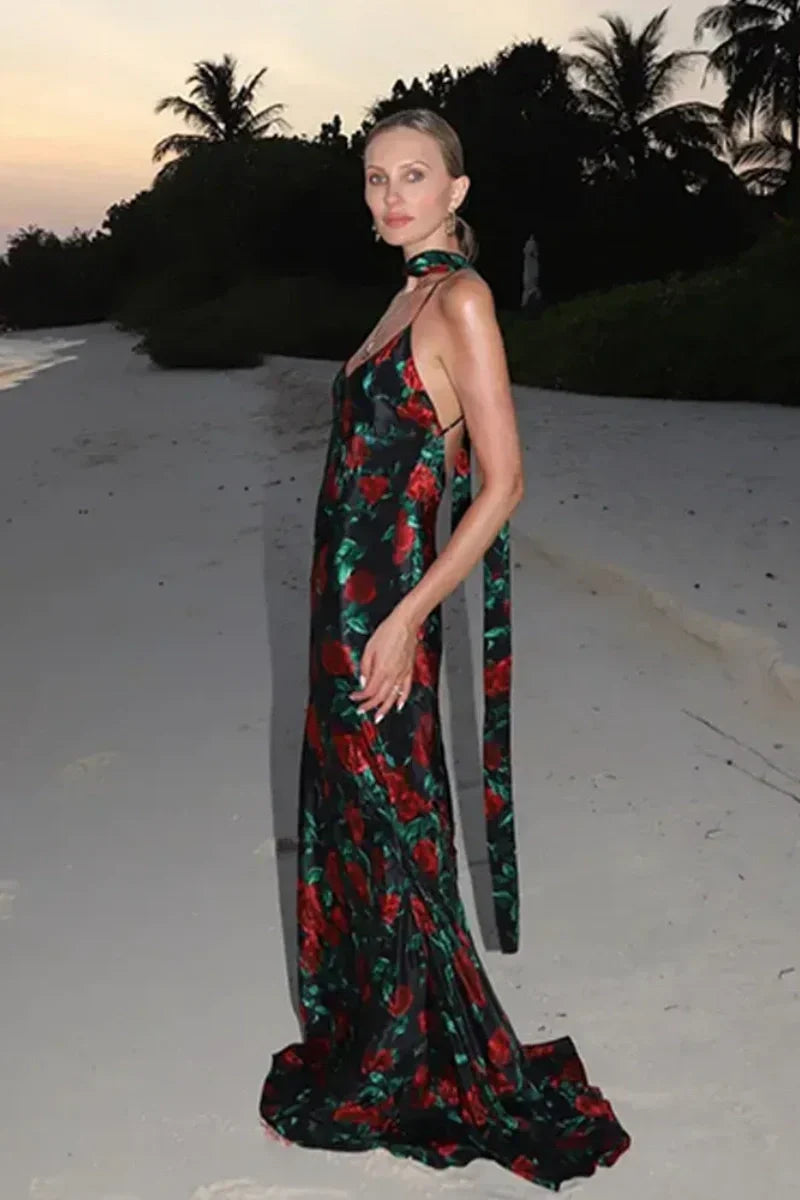 Floral Print Backless Maxi Dress