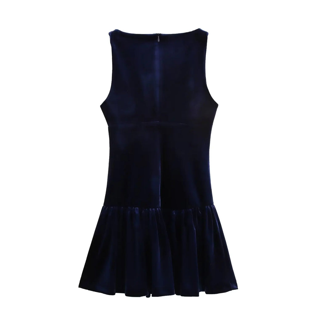 Round Neck Bow Velvet Blue Dress