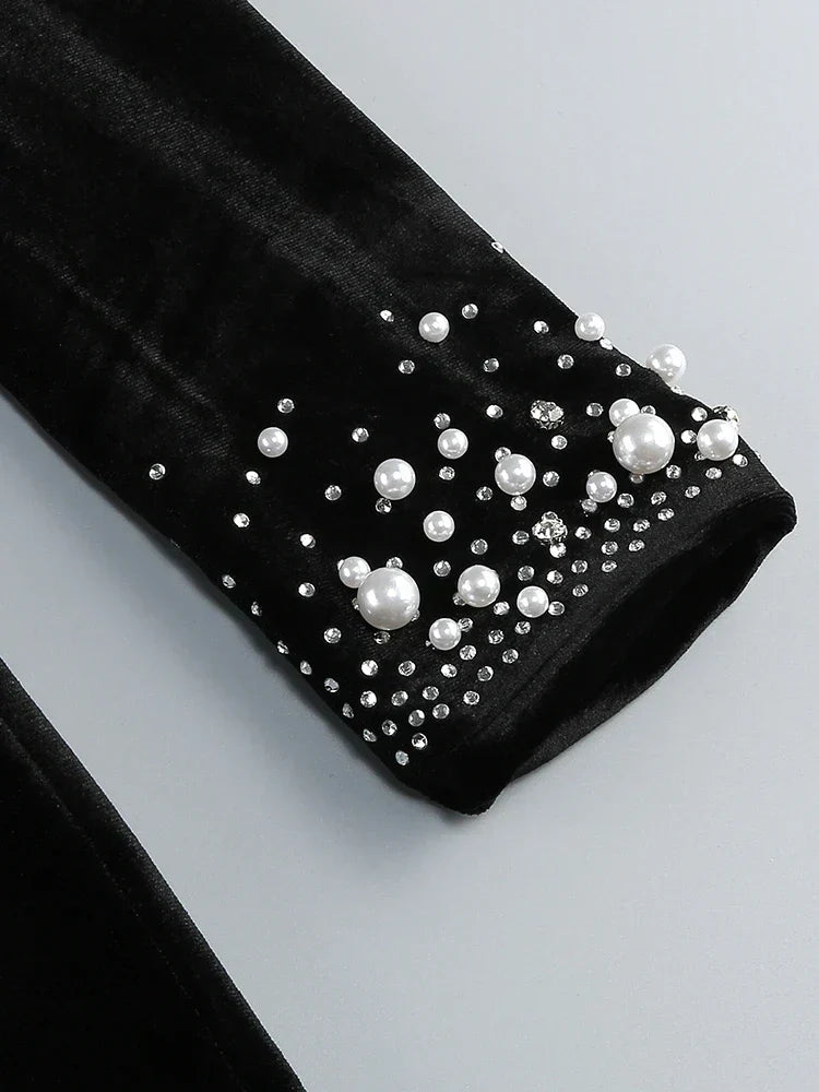 Long Sleeve Black Velvet Pearl Maxi Dress