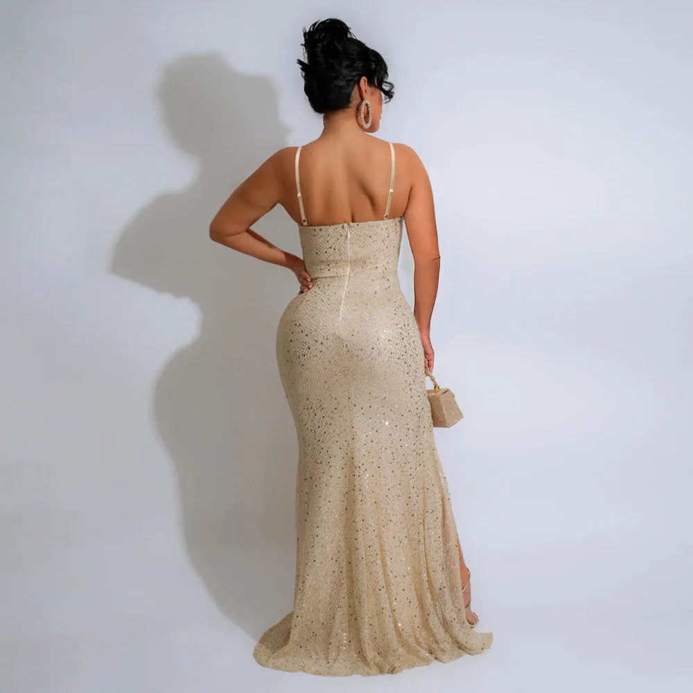 Sequined High Side Split Mermaid Maxi Dress