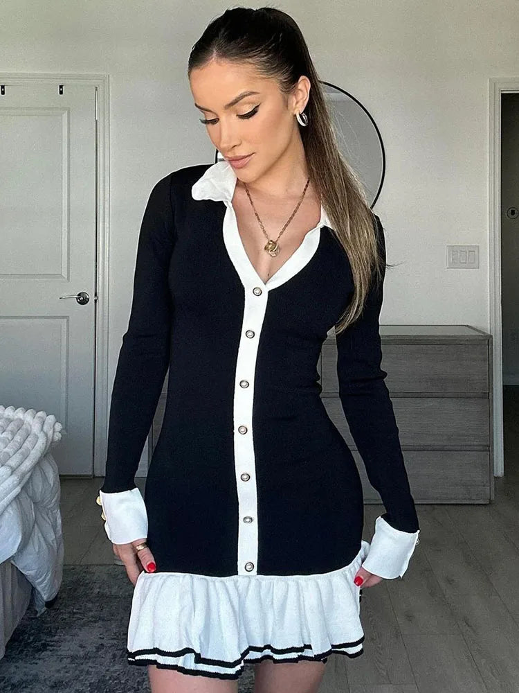 Ruffled Contrast Bow Open Back Lace-Up Knit Mini Dress