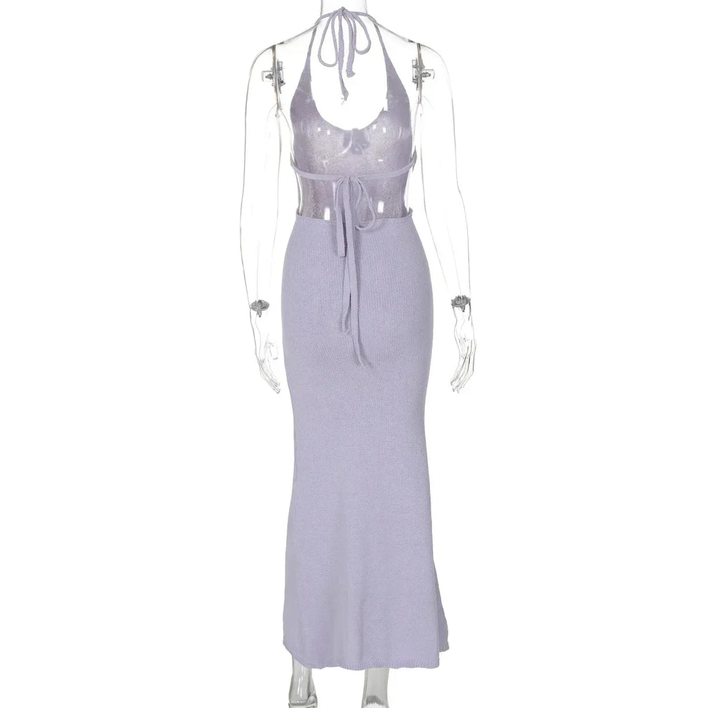 Floral  Knit Hollow Out Lace-Up Maxi Dress