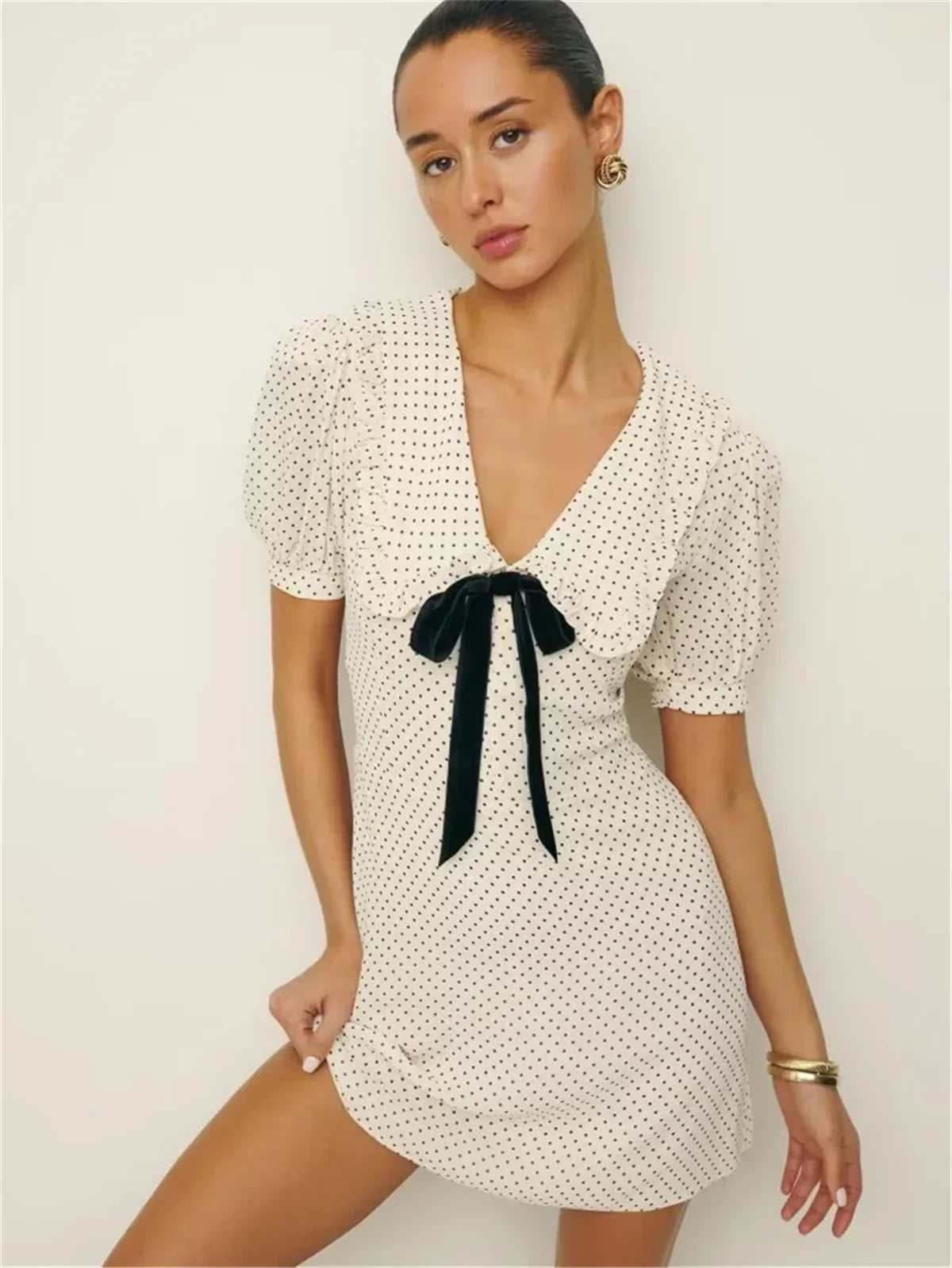 Short Puff Sleeve Bow Detail Dots Print Mini Dress