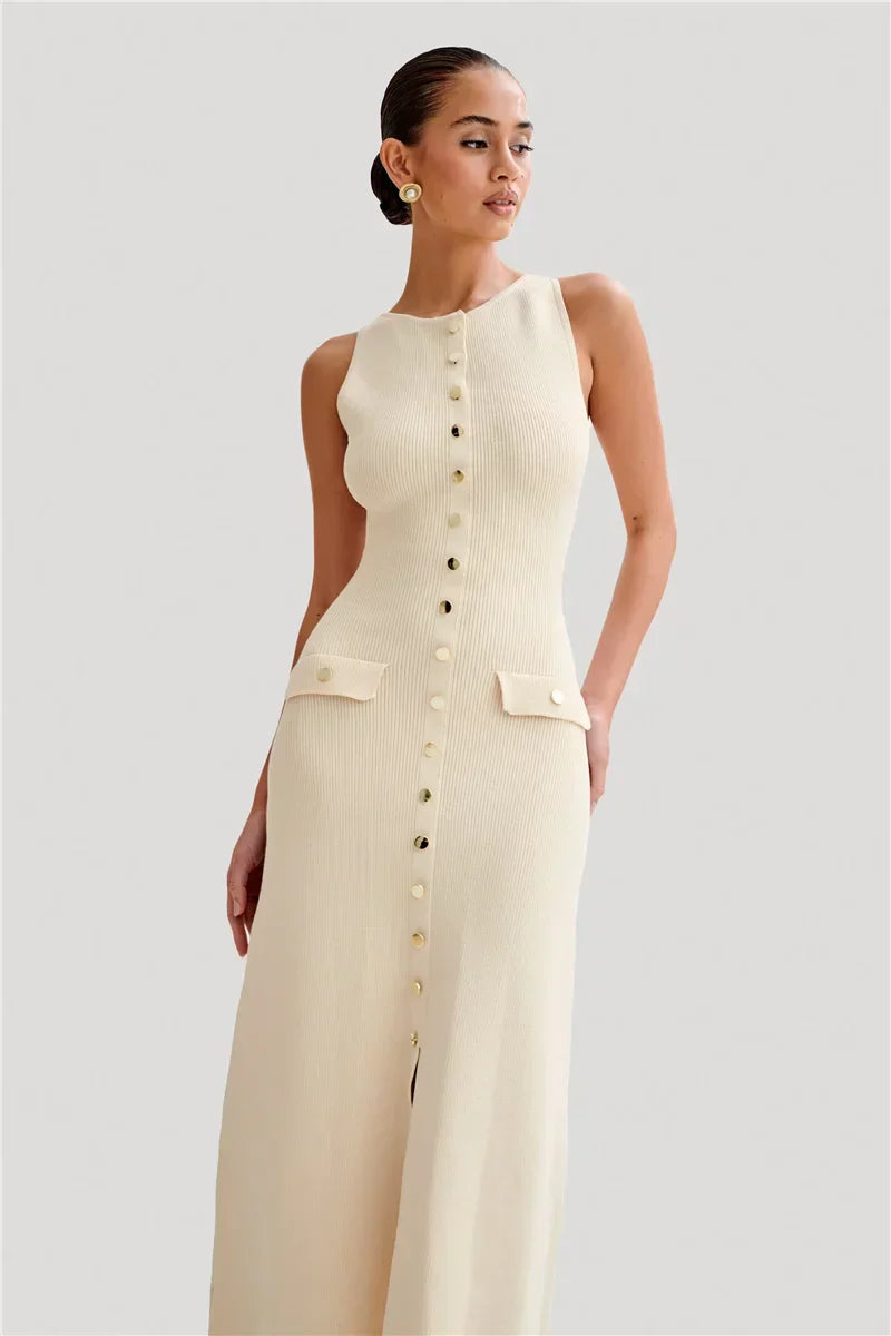 Knit Maxi Dress with Pockets Button-Front