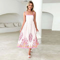 Square Collar Print Flower Sling Long Dress