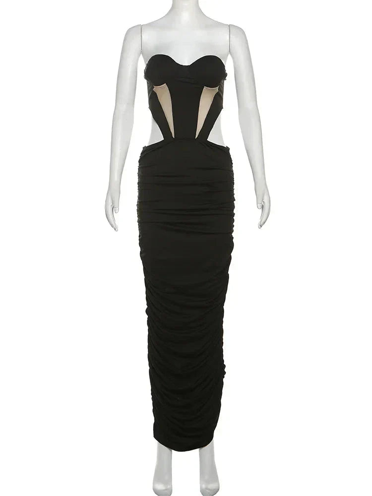 Patchwork Strapless Black Maxi Dress
