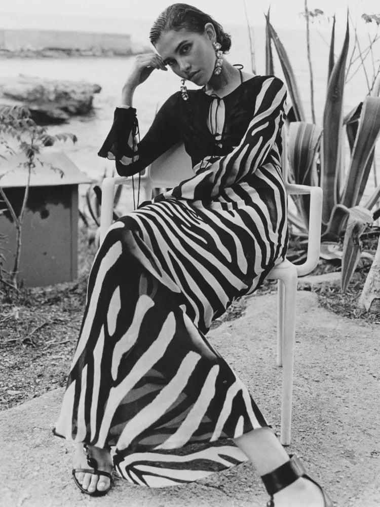 Print Zebra Striped Patchwork Long Sleeves Maxi Dress