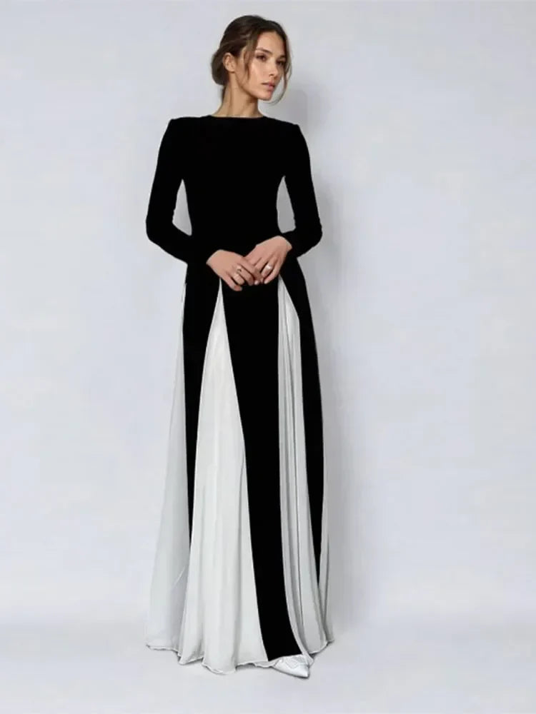 Pleated Patchwork Long Sleeve  Maxi Dress