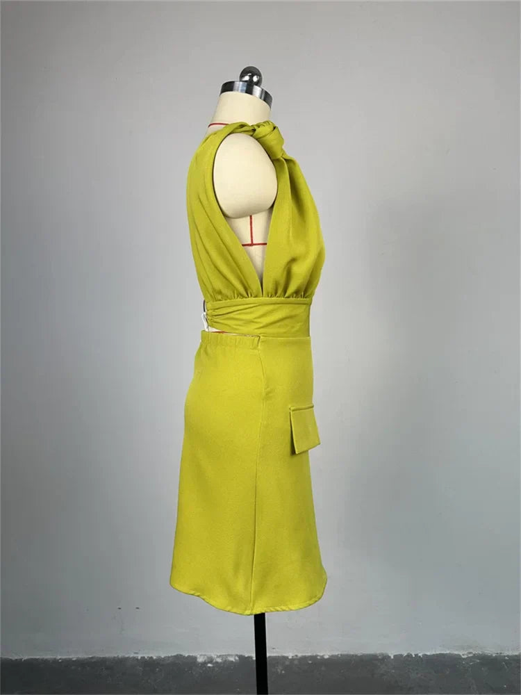 Women V Neck Solid Sleeveless Knot Mini Dress