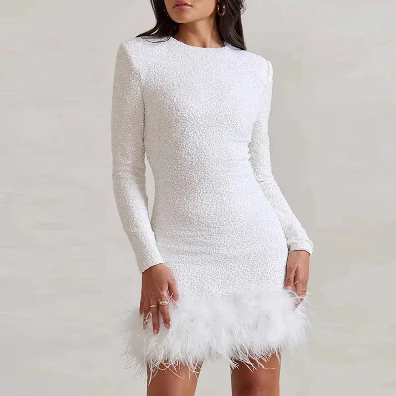 Long Sleeve Slim  Sequins Feather Dress
