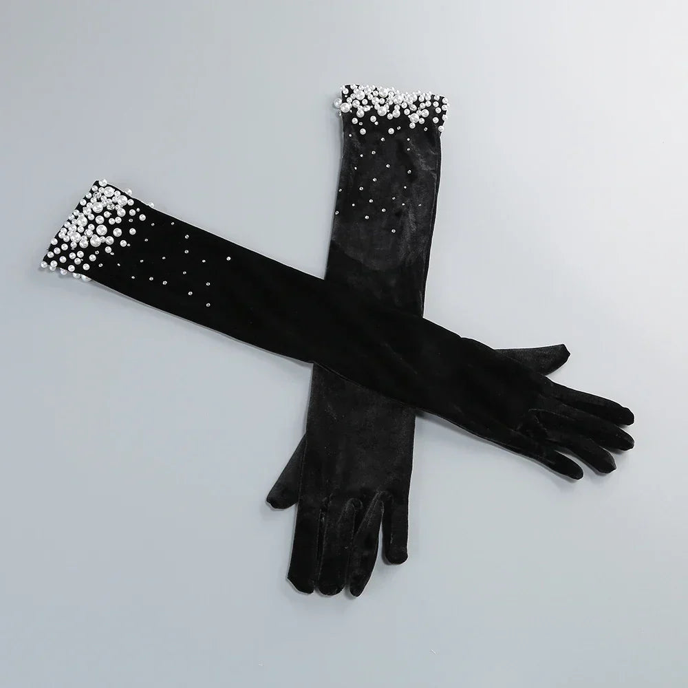 Strapless Pearl Diamond Black Velvet Beaded Maxi Dress