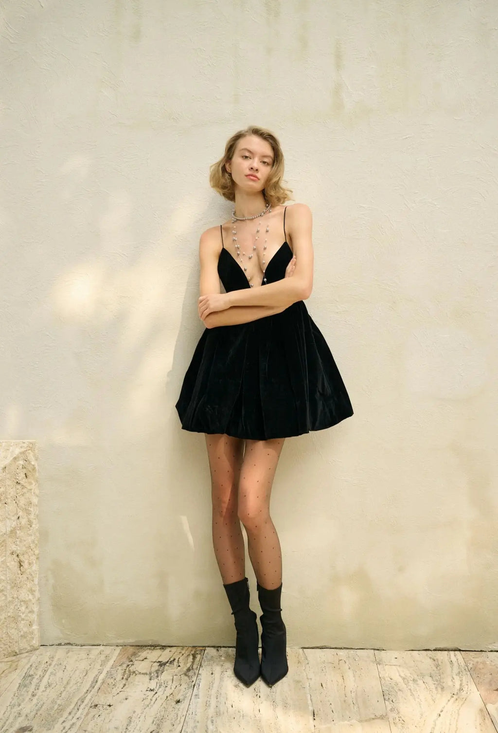 Velvet Deep V Neck Mini Lantern Dress
