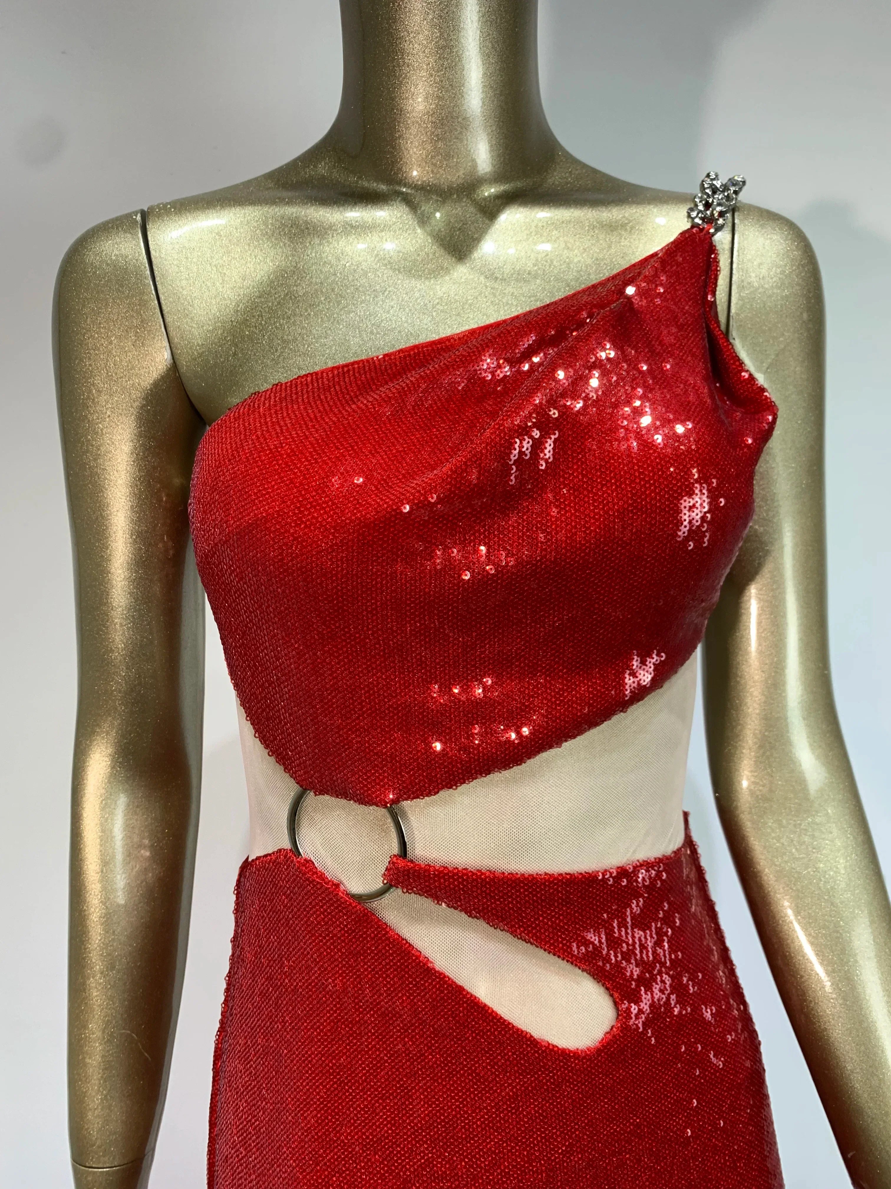 One Shoulder Mesh Sequins Red Maxi Dress