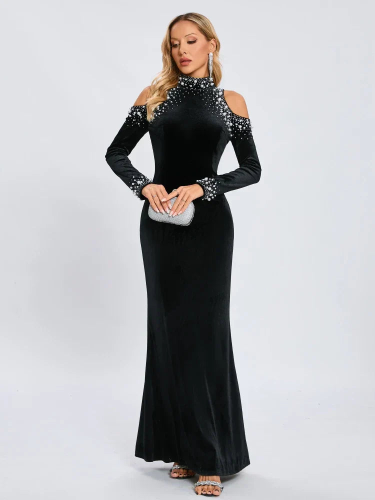 Long Sleeve Black Velvet Pearl Maxi Dress