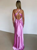 Satin V-neck Back Strappy Bow Maxi Dress