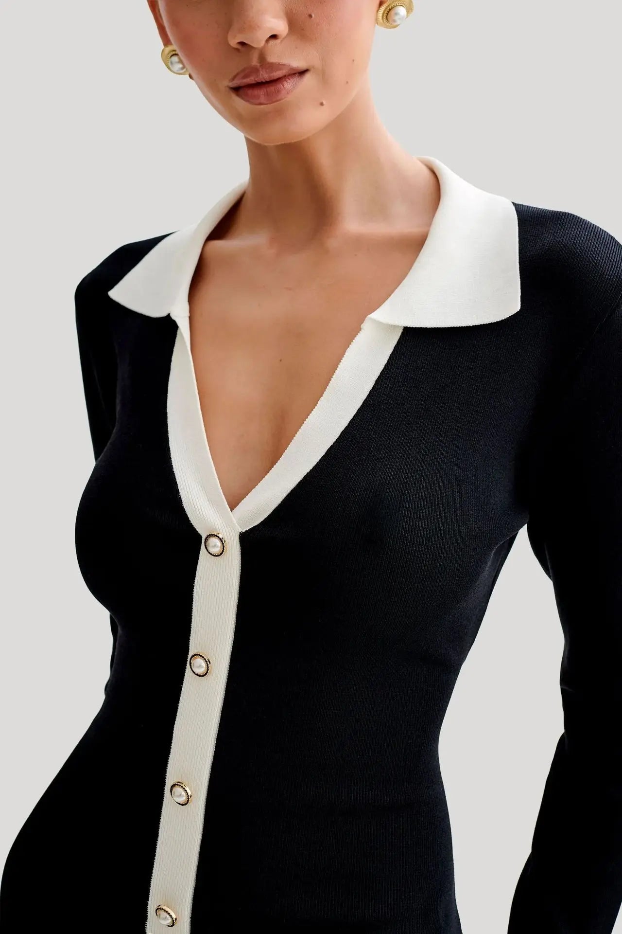 Contrast Knit Mini Dress | Slim Fit | Button Front | Ruffle Hem