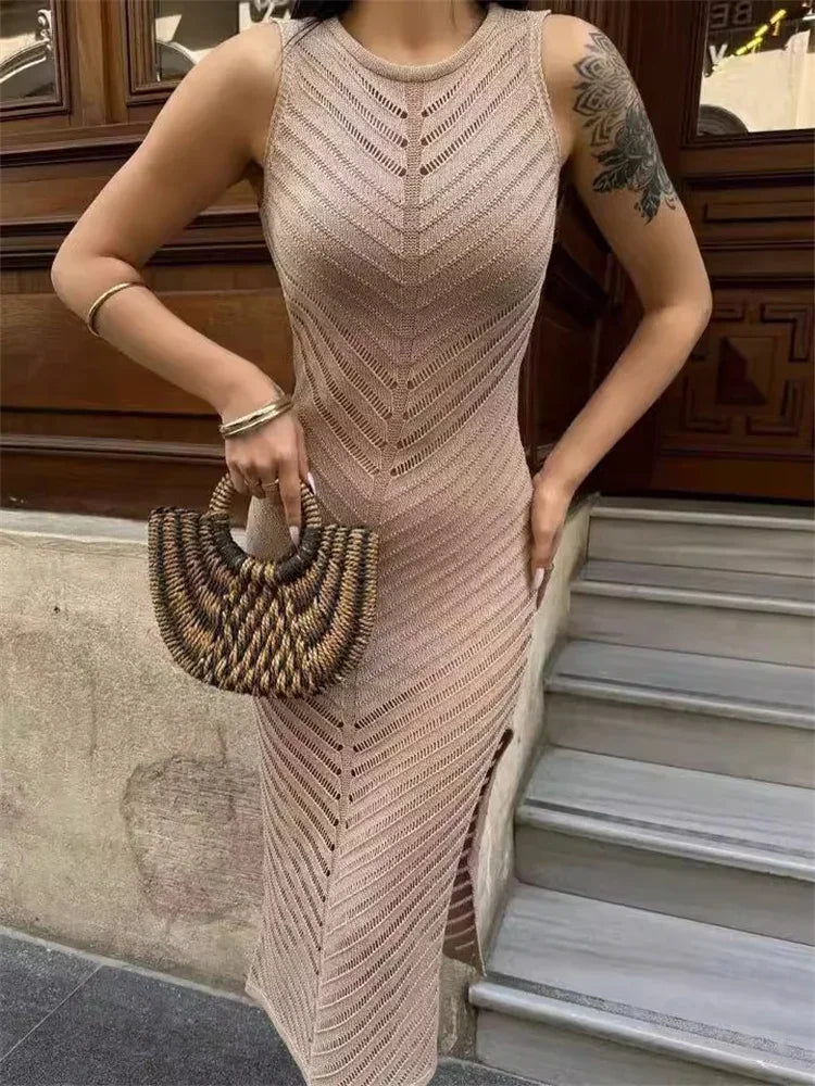 Sleeveless Patchwork Knit Maxi Dresses