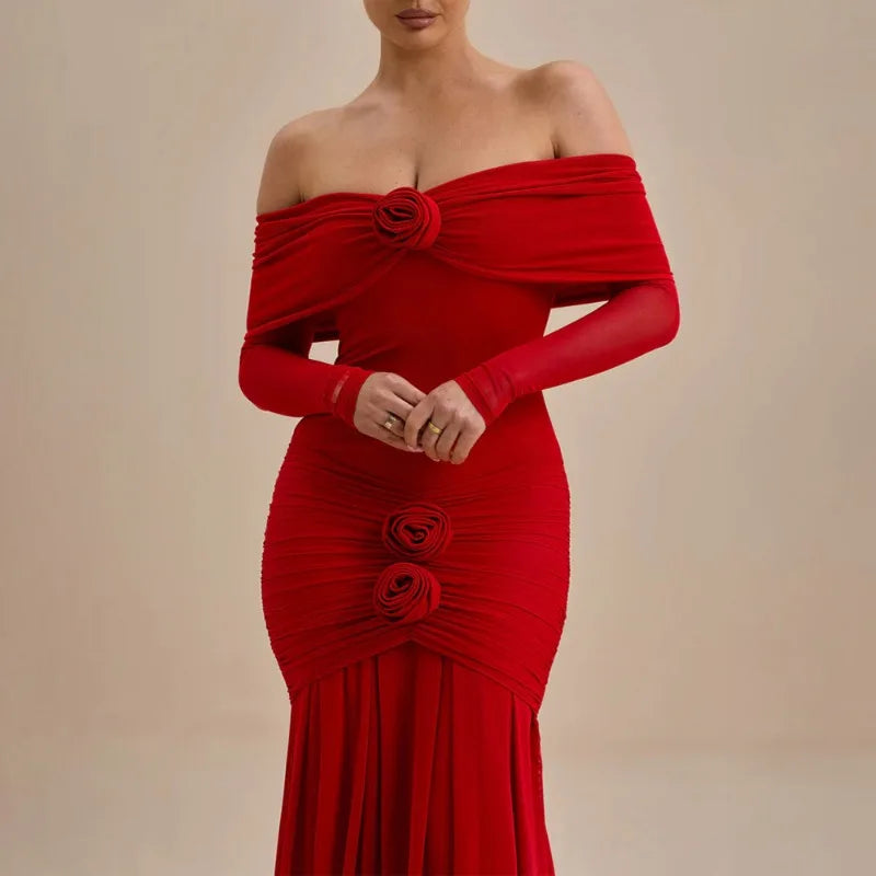 3D Flower-appliqué Mesh Long Sleeve Fishtail Maxi Dress