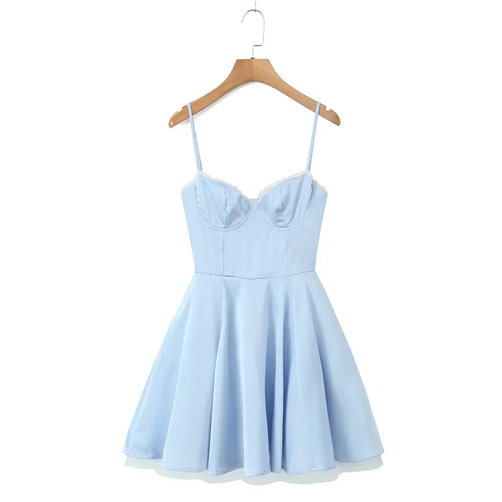 Satin Corset Style Lace 2 layers Lining Hem Mini Dress