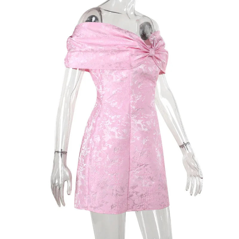 Bow Off Shoulder Backless A-line Jacquard Party Dress