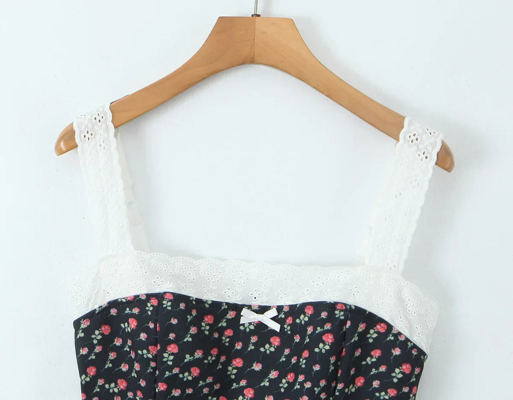 Flower Print Embroidery Lace Slash Collar Mini Dress
