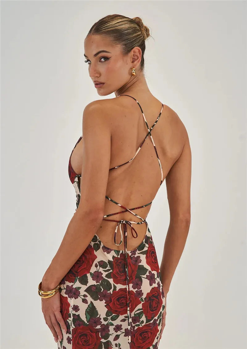 Red Floral Maxi Dress with Cowl Neck & Tie Back