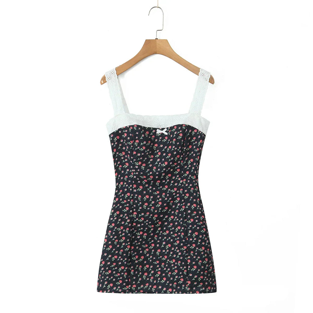 Flower Print Embroidery Lace Slash Collar Mini Dress