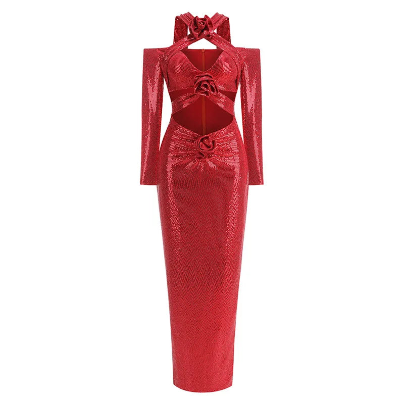 Luxury V-Neck Slit Evening Dress â€?Floral Hem Party Elegance