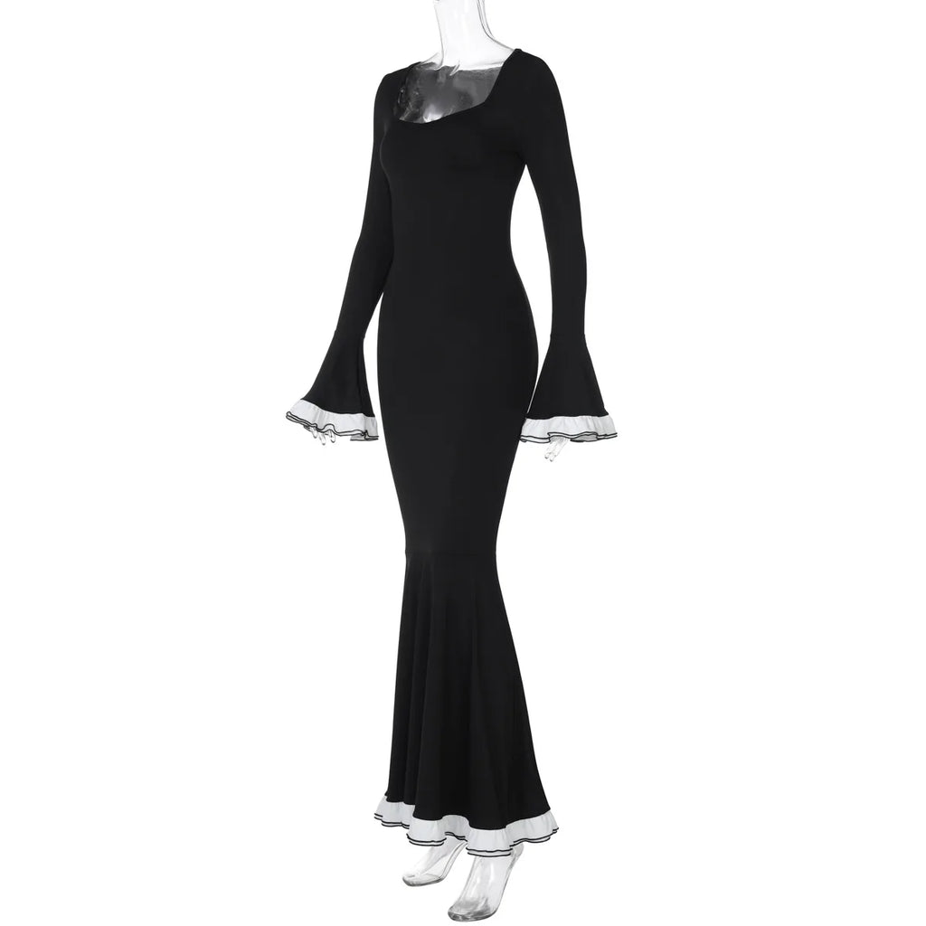 Ruffled Square Collar Patchwork Maxi Dress