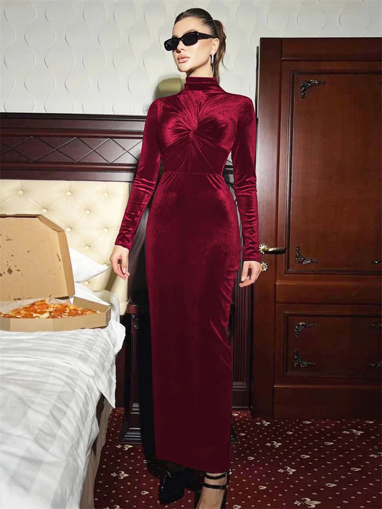 Pleated Twist Long Sleeve Maxi Dress