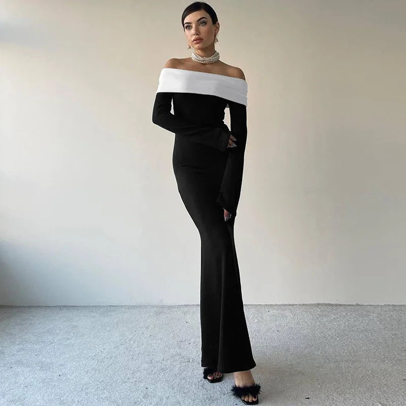 Black & White Off-the-Shoulder Maxi Dress with Long Sleeves