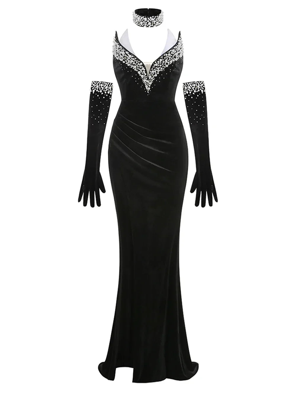 Strapless Pearl Diamond Black Velvet Beaded Maxi Dress