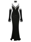 Strapless Pearl Diamond Black Velvet Beaded Maxi Dress