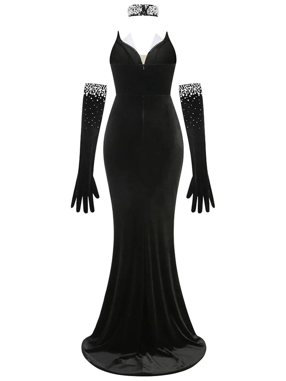 Strapless Pearl Diamond Black Velvet Beaded Maxi Dress