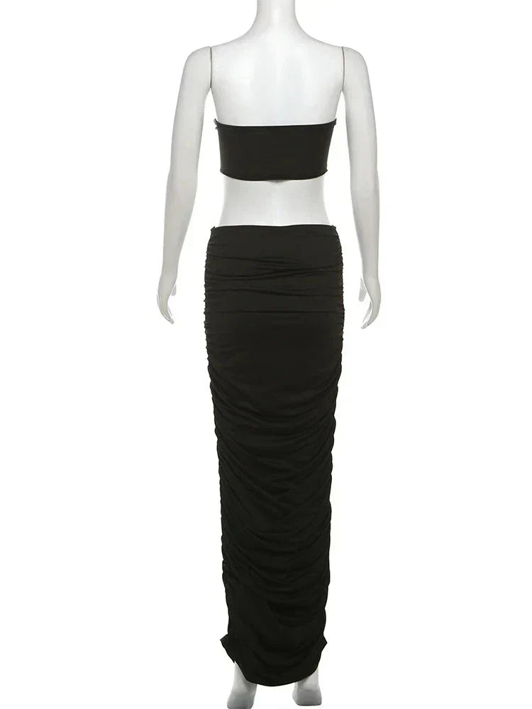 Patchwork Strapless Black Maxi Dress