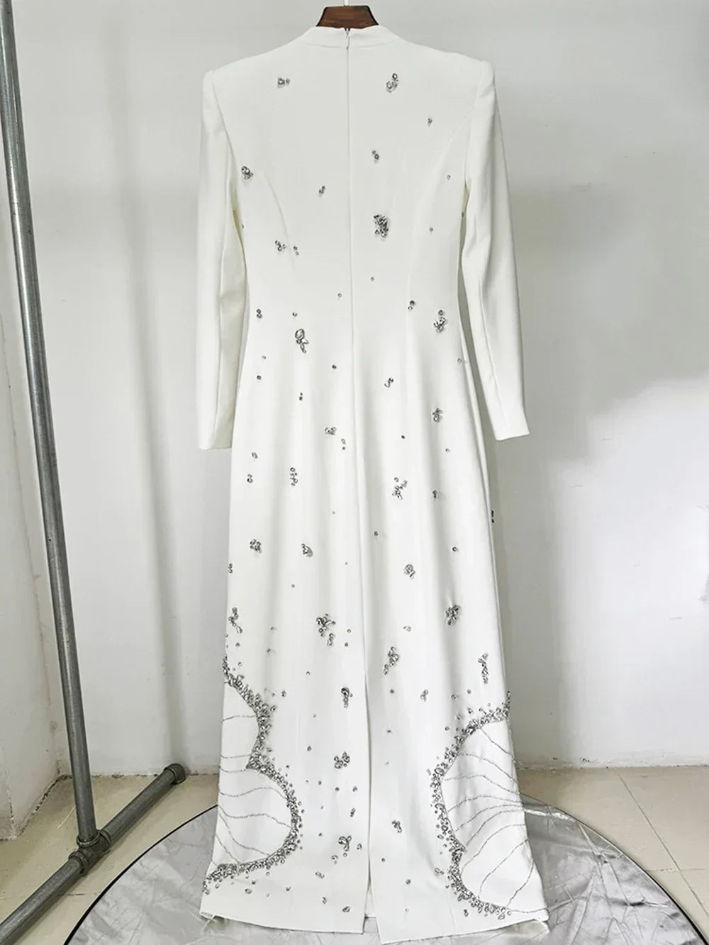 White Beads Diamond Long Sleeve Maxi Dress