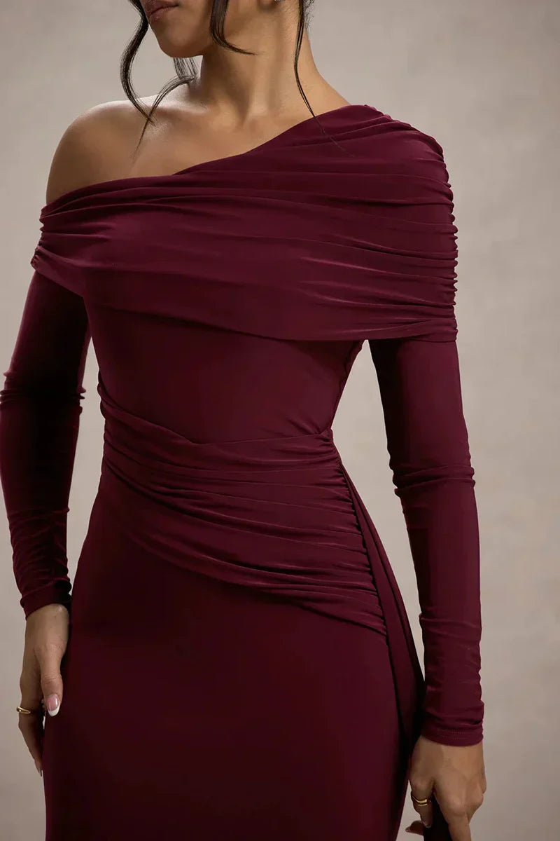 Skew Collar Long Sleeve Maxi Dress
