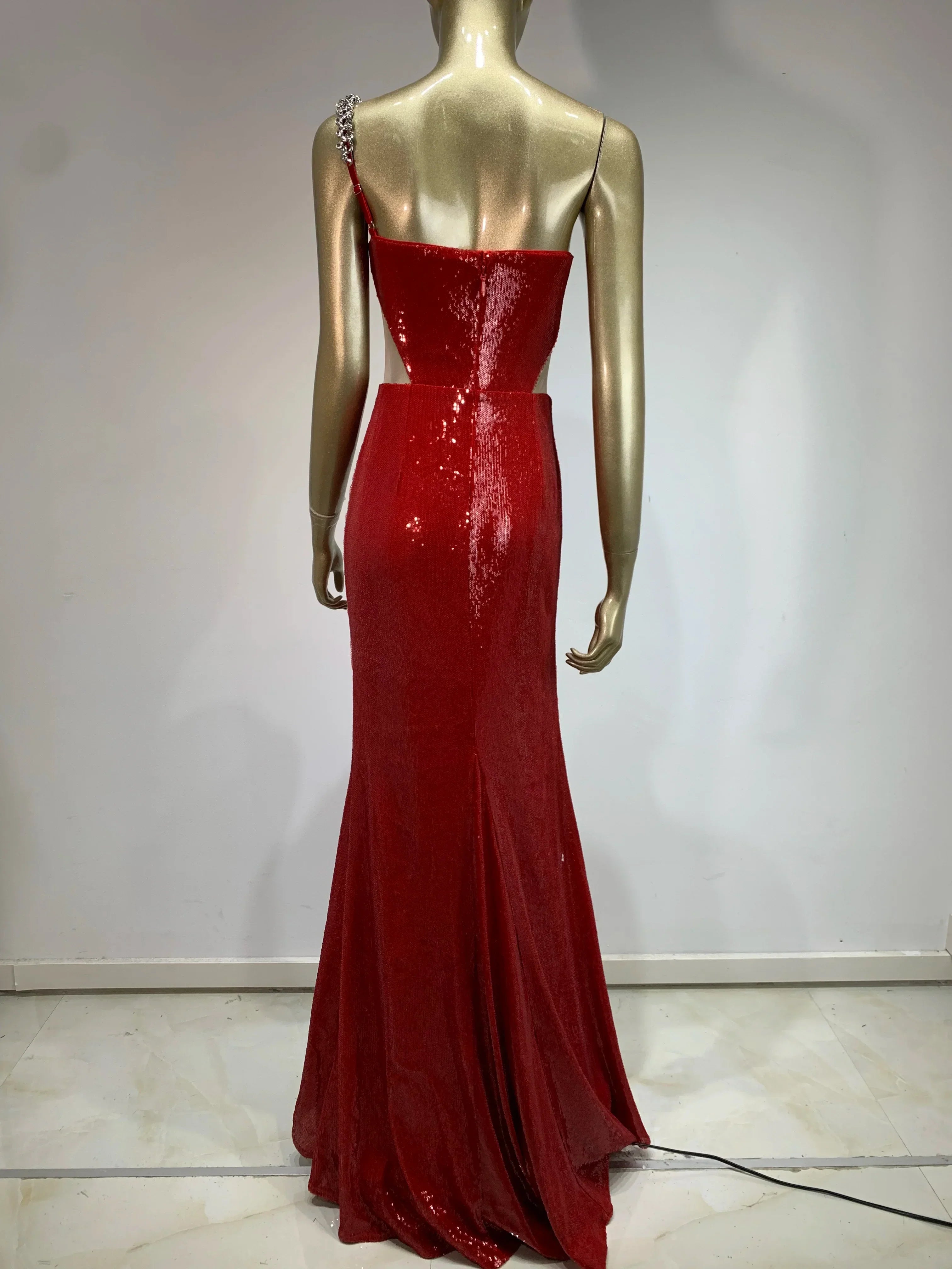 One Shoulder Mesh Sequins Red Maxi Dress