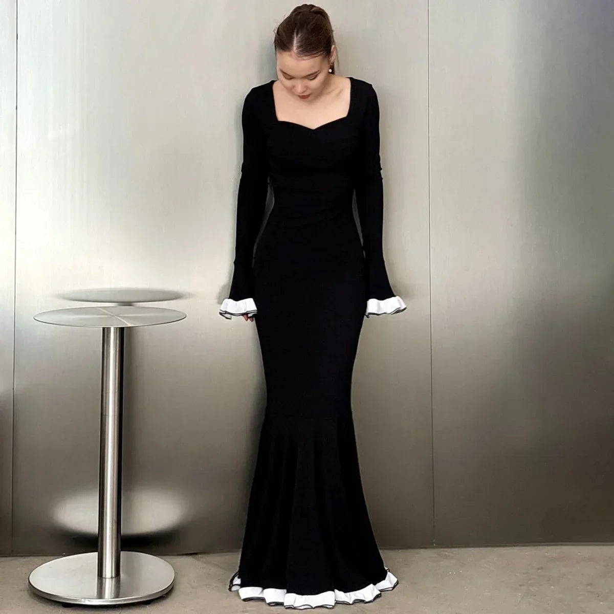 Ruffled Square Collar Patchwork Maxi Dress