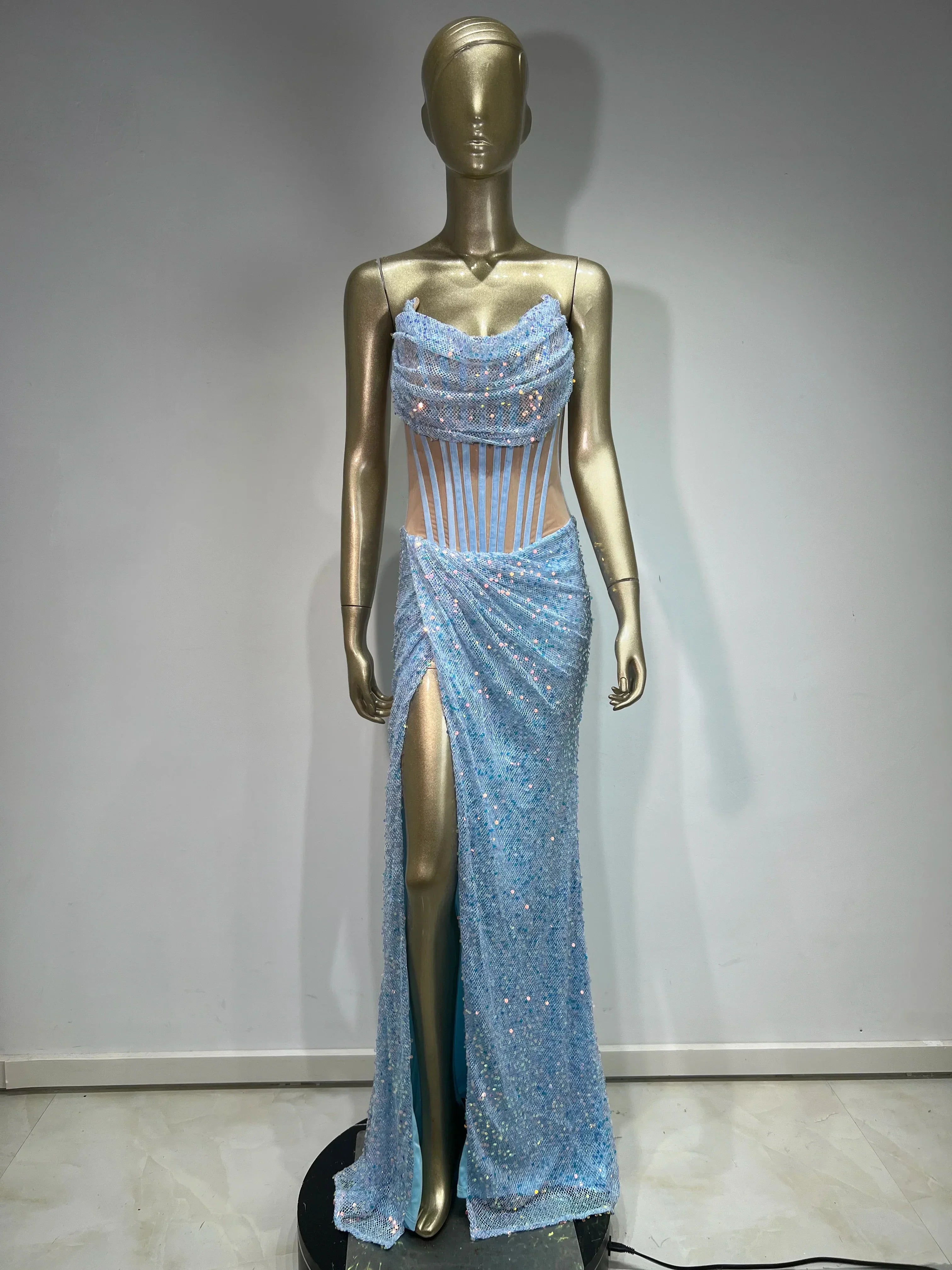 Strapless Mesh Sequins Ruffles Maxi Dress