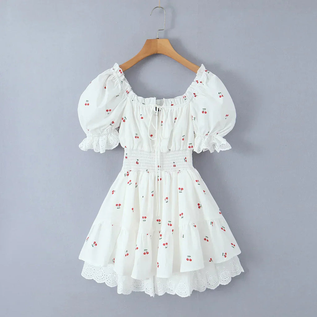 Print Puff Sleeve Ruffles Lace-up  Mini Dress