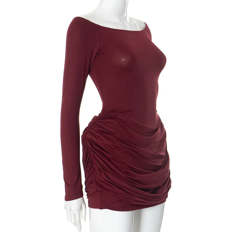 Pleated Off-Shoulder Long Sleeve Mini Dress